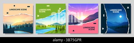 Vector illustrations. Square backgrounds set of landscape. Torn paper overlay effect. Forest by lake, water stream by meadow, sunset scene, night Stock Vector