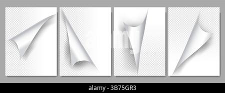 Vector illustration. Turning page set overlay on A4 page size. Realistic templates with shadows for glossy business paper design. Design elements Stock Vector
