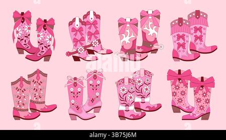 Cowgirl boots. Fashion western pink shoes for women recent vector cowboy concept set of boots for rodeo Stock Vector