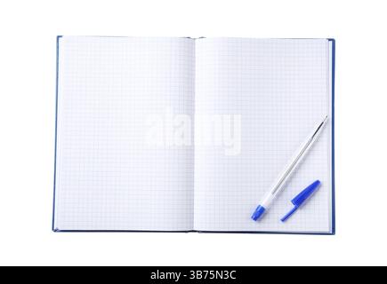Pen and open notebook isolated on white, top view Stock Photo