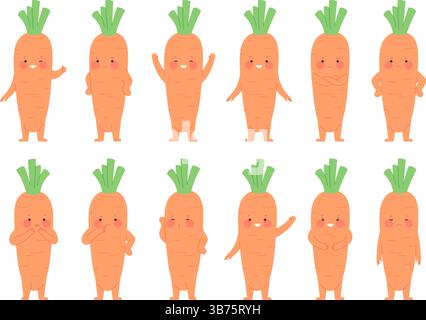 Carrot characters. Cute cartoon carrots in different poses. Funny emotional vegetables, positive children mascots. Stickers design, racy vector set Stock Vector