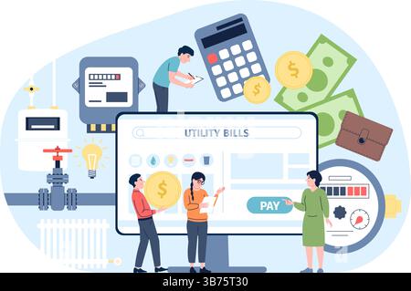 Utility bills. Online payment of household services, gas, electricity, water, internet. Tiny couple hold bill and money, high rates and expenses Stock Vector