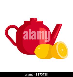Red teapot with yellow lemons nearby. Whole and half. Perfect for bright design of menus, dishes, kitchen textiles. Break, tea, tea ceremony. Stock Vector