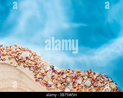 Summer background with sand and seashells on edges and blue background sea water with wave in center for copy space Tourism, vacation and holidays con Stock Photo