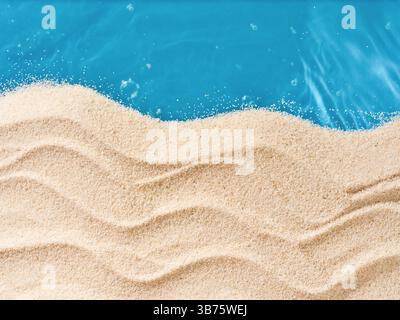 Summer blue background with sand on edges and blue background sea water with wave in center for copy space Tourism, vacation and holidays concept. Des Stock Photo