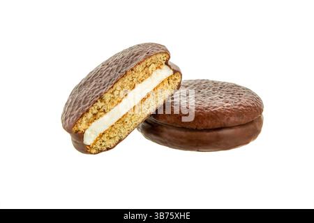 Choco pie chocolate biscuits with marshmallow isolated on white Stock Photo