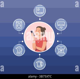 Person control smart home. Woman remote control of household appliances in smartphone appliance, iot ai computer technology concept automation phone app connect vector illustration original artwork Stock Vector