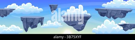 Game stone platforms. Rock piece floating in cloud sky adventure mobile video gaming level background, stones islands flying ground platform rocky map, swanky vector illustration original artwork Stock Vector