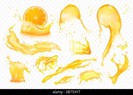 Realistic juice flowing. 3d oil splash, juiced fruit orange drink tornado juicesplash beer apple pineapple mango, liquid twister juices drop splashes, set exact vector illustration original artwork Stock Vector