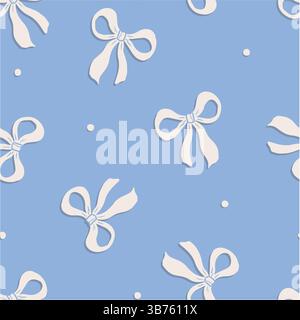 Coquette Bow Toss Seamless Vector Pattern, Cute Cream White Hand Drawn Tied Ribbons on Pastel Blue. Vector illustration Stock Vector