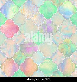 Watercolor gothic style clover leaf seamless pattern. Abstract hand drawn watercolour luxury background with rainbow color clover leaves and silver co Stock Photo