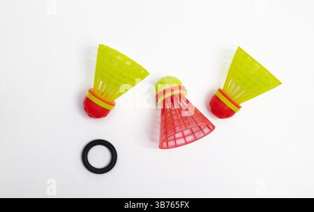 Close-up of professional speedminton shuttlecock showing unique aerodynamic design for high-speed gameplay. shuttlecocks for playing cross-minton and Stock Photo