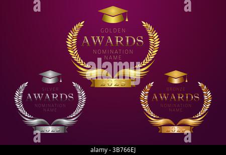 Set of awarded round frames with elegant palm branches, vintage pages of open book, 3D ribbon and graduating hat. School prize emblem. Achievement Stock Vector
