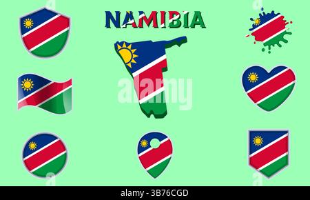 Collection of flags and coats of arms of Namibia in flat style with map and text Stock Vector