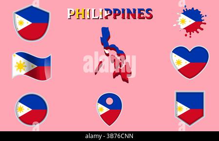 Collection of flags and coats of arms of Philippines in flat style with map and text Stock Vector