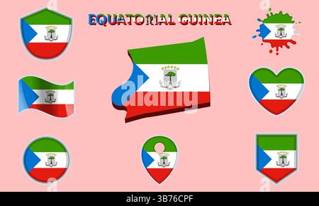 Collection of flags and coats of arms of Equatorial Guinea in flat style with map and text Stock Vector