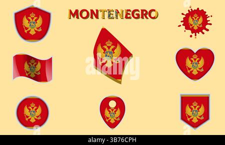 Collection of flags and coats of arms of Montenegro in flat style with map and text Stock Vector