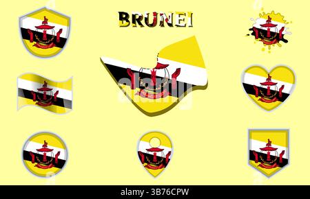 Collection of flags and coats of arms of Brunei in flat style with map and text Stock Vector