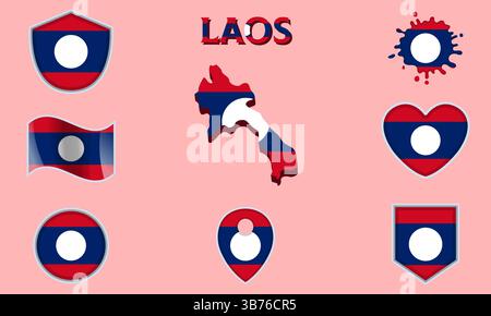 Collection of flags and coats of arms of Laos in flat style with map and text Stock Vector