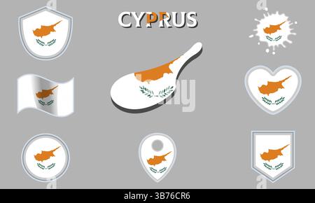 Collection of flags and coats of arms of Cyprus in flat style with map and text Stock Vector