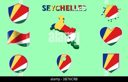 Collection of flags and coats of arms of Seychelles in flat style with map and text Stock Vector