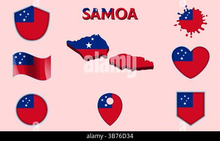 Collection of flags and coats of arms of Samoa in flat style with map and text Stock Vector