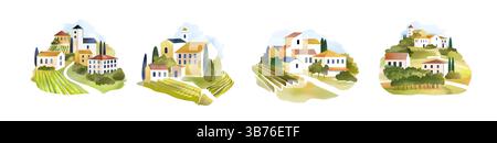 Italy landscape. Italian house in olive garden. Tuscany village panorama. Rural wine farm with vintage summer tree. Romantic Europe drawing scenery. Countryside homes. Vector painting backgrounds set Stock Vector