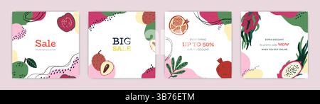Fruits banner. Square social media sale post template. Tropical plants and abstract forms. Background with copy space for text. Promotion card design. Cartoon flat style isolated vector illustration Stock Vector