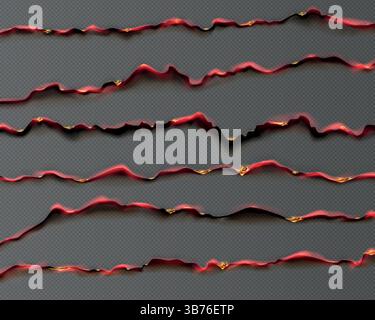 Paper burn. Fire burnt edge. Flame texture effect or rip line frame. Blazing border. 3d realistic ragged page. Hot ash torn. Combustion gap. Igniting sheet corner. Vector smoldering backgrounds set Stock Vector