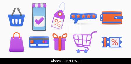 3D discount icons. Gift card. New sale coupon or certificate. Price tag label. Wallet and money card. Shopping bag. Special offer voucher. Store cart or basket. Customer rating star. Vector render set Stock Vector
