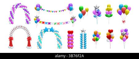 Balloon arch. Ballon garland, happy birthday party. Wedding helium decoration, anniversary day celebration. Grand opening decoration, door decor, carnival elements. Vector cartoon 3d isolated set Stock Vector