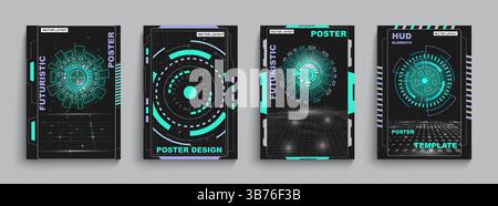 Grunge poster. Digital viewfinder. Space stars. HUD frame. Game aiming. Astronaut spaceship. Universe infinity. Galaxy shuttle shooting. Spacecraft flight. Cosmos discovery. Vector Sci-Fi cards set Stock Vector