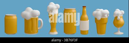 3d beer. Alcohol drink render, beverage glass mug or can, jar with foam cold beverage in glassware. Simple minimal icons for bar, restaurant or pub menu, brewing liquid. Vector cartoon illustration Stock Vector