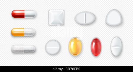 3d tablet. Realistic red, blue and white antibiotic or transparent medical vitamin, prescription dosage. Pill and drug different forms, colorful capsule. Vector isolated realistic supplements set Stock Vector
