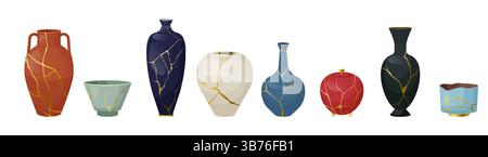 Japanese vase set. Broken ceramic vessel, japan pottery with different gold lacquer. Kintsukuroi dish technique. Clay and porcelain interior pottery. Traditional asian ornament. Vector collection Stock Vector