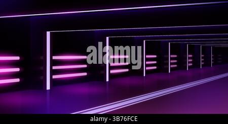 Red casino bg. Futuristic neon speed arrow. 3D gamer forward move lights. Fast tech graphic lines. Empty database hall. Perspective view. Led spotlight shine. Cyberpunk interior. Vector background Stock Vector