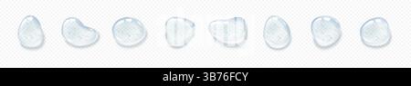 Gel drop. Liquid water. Serum splash or 3D transparent oil droplet. Glass collagen skin care. Moisture clear ball. Fluid structure. Hydrating molecule. Chemical essence. Vector render wet blobs set Stock Vector