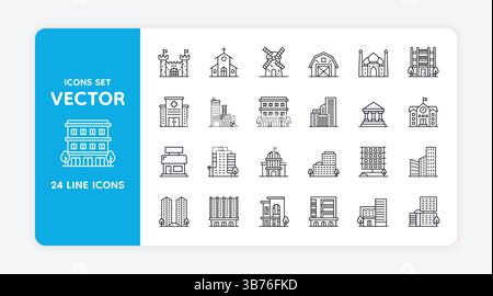 Building icons. Line stroke home. School or hotel. City government and business factory. Urban downtown. Midtown district. Bank and castle. Apartments architecture. Real estate. Vector symbols set Stock Vector