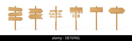 Wood sign. Wooden road arrow, 3d post board on pole or signpost, signboard label or guidepost. Old pillar frame, blank banners, standing tablets. Vector cartoon icons isolated on white background set Stock Vector