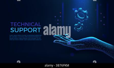 Hand with gear. Tech support. Polygon engine wireframe for mechanic industry. 3D glow cog wheel on human palm. Business team. Blue neon hologram cogwheels on arm. Vector software setting background Stock Vector
