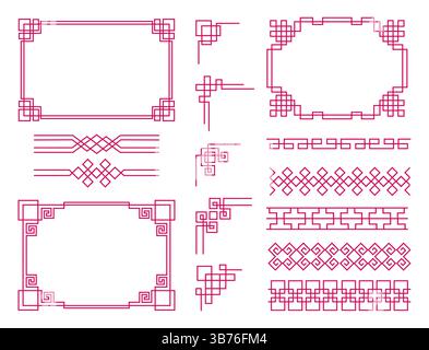 Chinese border. Asian frame, ornament corner or vintage modern element, traditional geometric collection. Square geometry pattern lines, creative dividers. Vector border isolated decorative elements Stock Vector