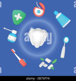 3D dental products. Dentistry teeth care. Tooth brush oral elements as dentist clean paste. Healthy smile. Shiny molar. Protection shield. Toothpaste and chewing gum. Vector render stomatology banner Stock Vector