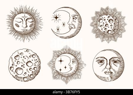 Moon and sun face. Vintage antique drawing, graphic celestial sky or esoteric crescent engraving. Retro etching. Boho style decorative mystery isolated space elements. Vector hand drawn illustration Stock Vector