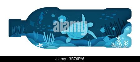 Ocean world. Paper sea water. 3D papercut layers. Whale and turtle. Plastic bottle for environment conservation. Planet save. Clean nature. Swimming fish and stingray. Marine seabed. Vector background Stock Vector