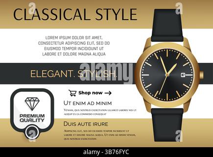 Wrist watch advertising. Golden wristwatch classic style, premium quality product. Luxury jewel metal accessory with black fashion bracelet. Promotional banner. Vector isolated realistic illustration Stock Vector
