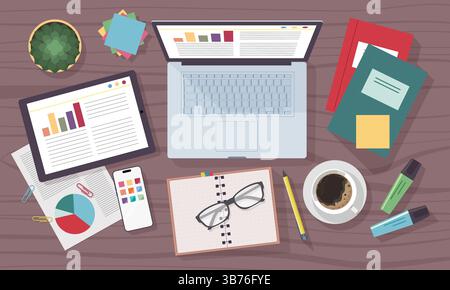 Work table top view. Teenager education desktop. Pen and paper for business technology. Office laptop. Computer keyboard. Notebook and stationery. Coffee cup. Businessman workplace. Vector flat design Stock Vector