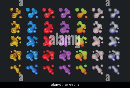 3d bubble. Liquid color lava blob. Fluid lamp spheres or fluorescent shape. Organic gradient forms. Glossy or matte texture. Floating soft metaball. Golden and silver balls flow. Vector splashes set Stock Vector
