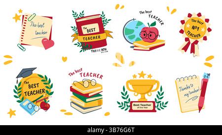 Teacher award. Cute teaching medal. Best day school card or education prize. Funny champion gold trophy. Book and stationery. Academic achievement. Calligraphy lettering. Vector winner stickers set Stock Vector