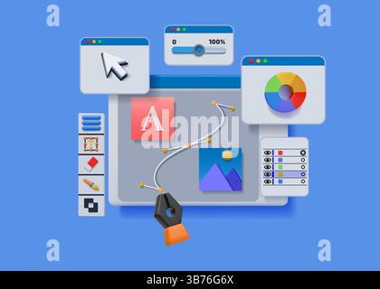 3D design icons. Website graphic render. Illustrator create UX UI web desk. Paint software customization. Laptop editing screen. Computer browser interface. Webpage digital designer. Vector background Stock Vector