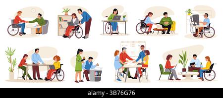 Diverse team. Characters on wheelchair work together. Communication of workers. Job inclusion. Office employees group. Woman with prosthesis. Handicapped man sitting at computer. Vector concepts set Stock Vector